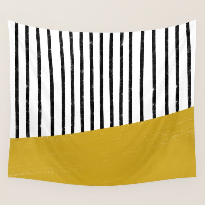Handmade Stripe Block Pattern (mustard yellow/white/black) Wall Tapestry Gallery Image 4