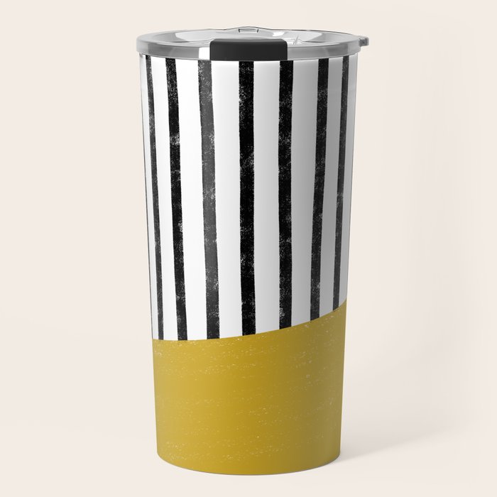 Handmade Stripe Block Pattern (mustard yellow/white/black) Travel Mug Gallery Image 1