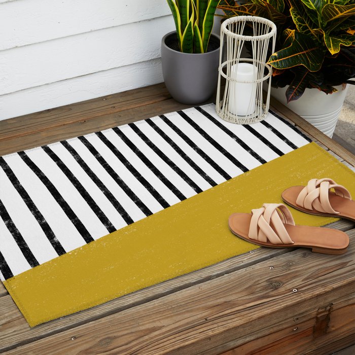 Handmade Stripe Block Pattern (mustard yellow/white/black) Outdoor Rug Gallery Image 2
