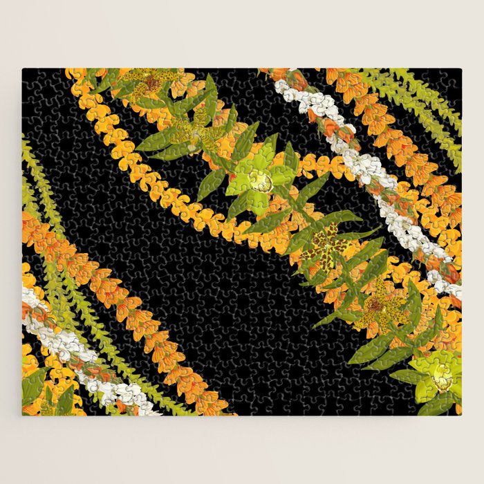 Diagonal Lei Pikake and Orange Lokelani Ti Leaf Puakenikeni Lantern Ilima Jigsaw Puzzle Gallery Image 1