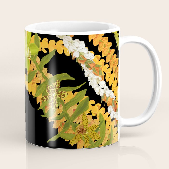 Diagonal Lei Pikake and Orange Lokelani Ti Leaf Puakenikeni Lantern Ilima Coffee Mug Gallery Image 1