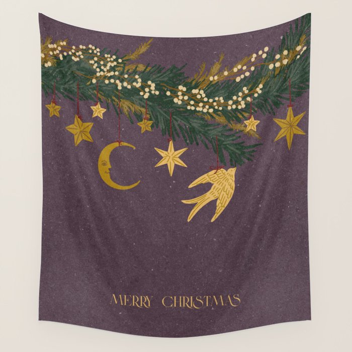 Christmas vintage toys on Christmas tree branches Wall Tapestry Gallery Image 1