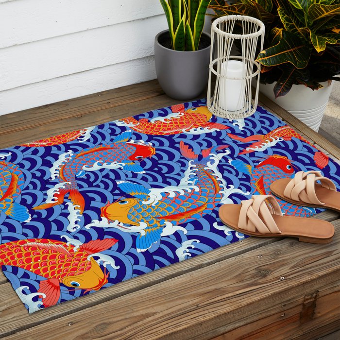 Koi fish / japanese tattoo style pattern Outdoor Rug Gallery Image 2