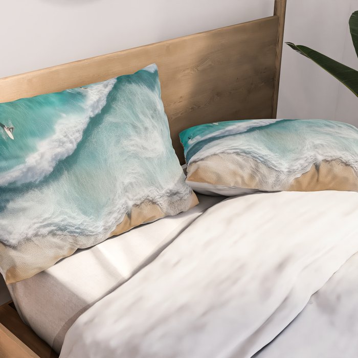 Surfers at Shore - Aerial Beach Photography Pillow Sham Gallery Image 2