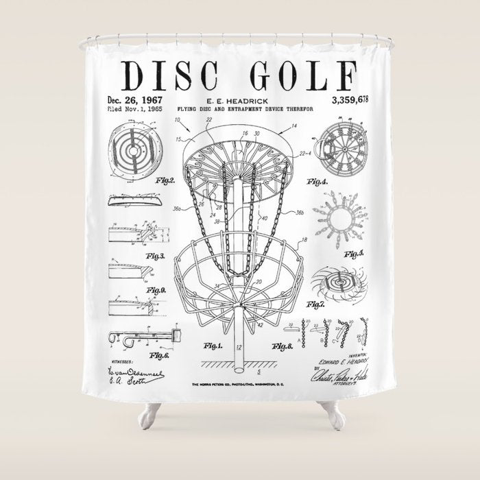 Disc Golf Frolf Frisbee Basket Vintage Patent Drawing Print Shower Curtain Gallery Image 1