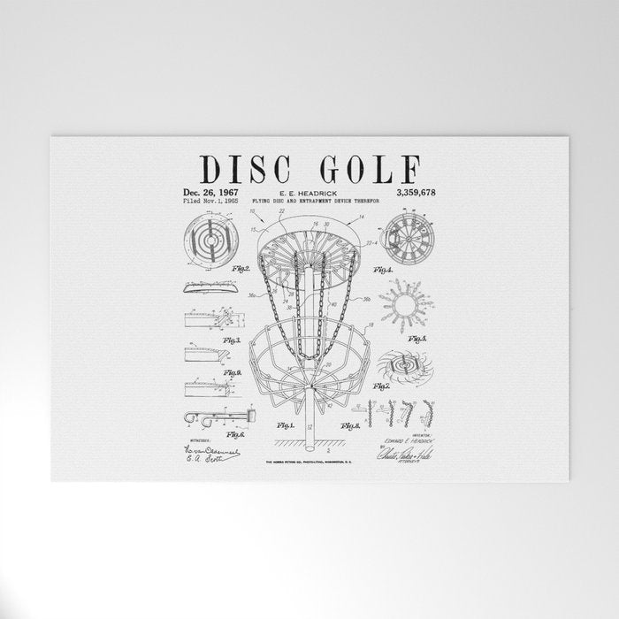 Disc Golf Frolf Frisbee Basket Vintage Patent Drawing Print Welcome Mat Gallery Image 1
