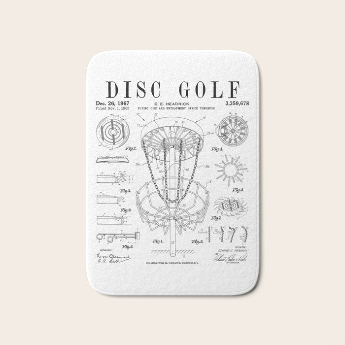 Disc Golf Frolf Frisbee Basket Vintage Patent Drawing Print Bath Mat Gallery Image 1