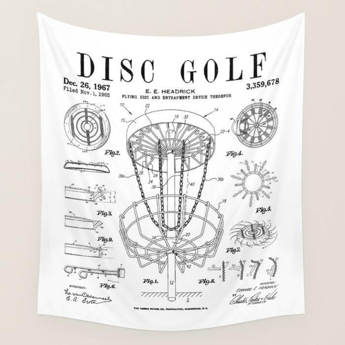 Disc Golf Frolf Frisbee Basket Vintage Patent Drawing Print Wall Tapestry Gallery Image 1