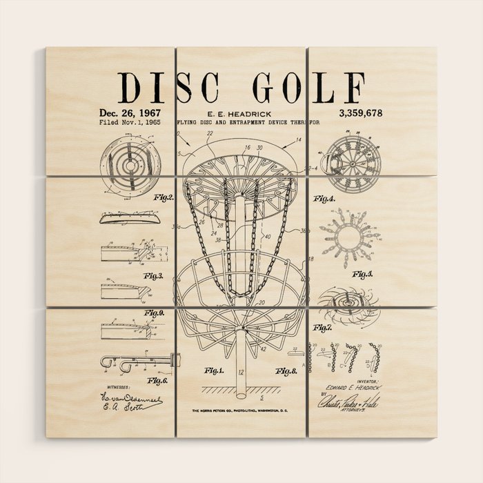 Disc Golf Frolf Frisbee Basket Vintage Patent Drawing Print Wood Wall Art Gallery Image 1