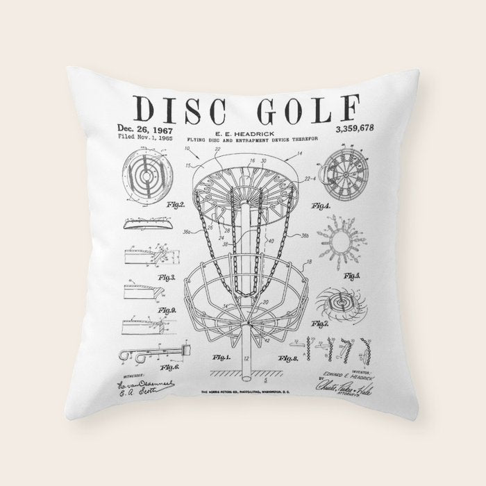 Disc Golf Frolf Frisbee Basket Vintage Patent Drawing Print Throw Pillow Gallery Image 6