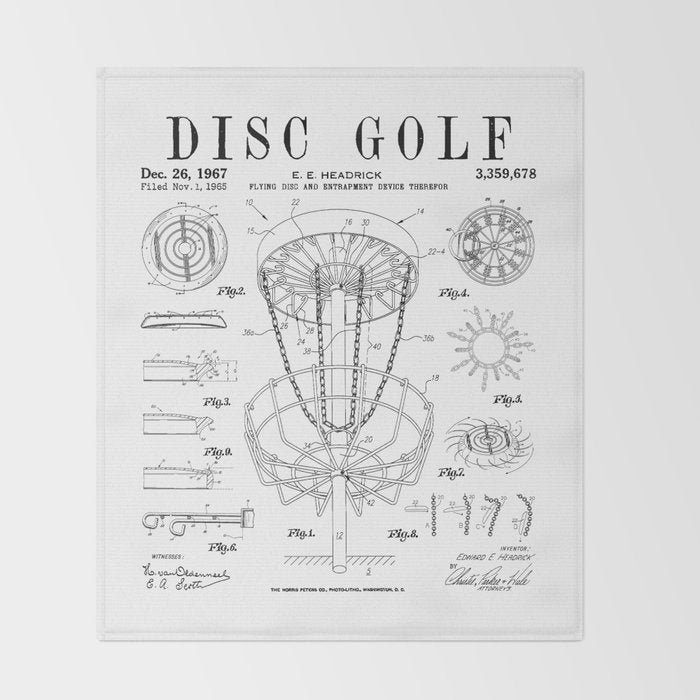 Disc Golf Frolf Frisbee Basket Vintage Patent Drawing Print Throw Blanket Gallery Image 2