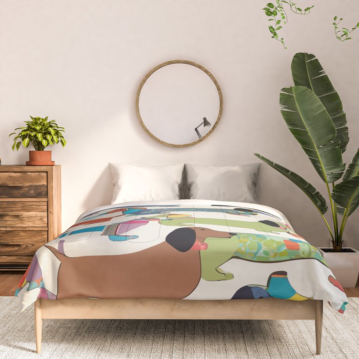 Dachshunds, Dog Pet Animals Eclectic, Contemporary Bohemian Illustration Toy Dogs Pastel Boho Modern Abstract Comforter Gallery Image 3
