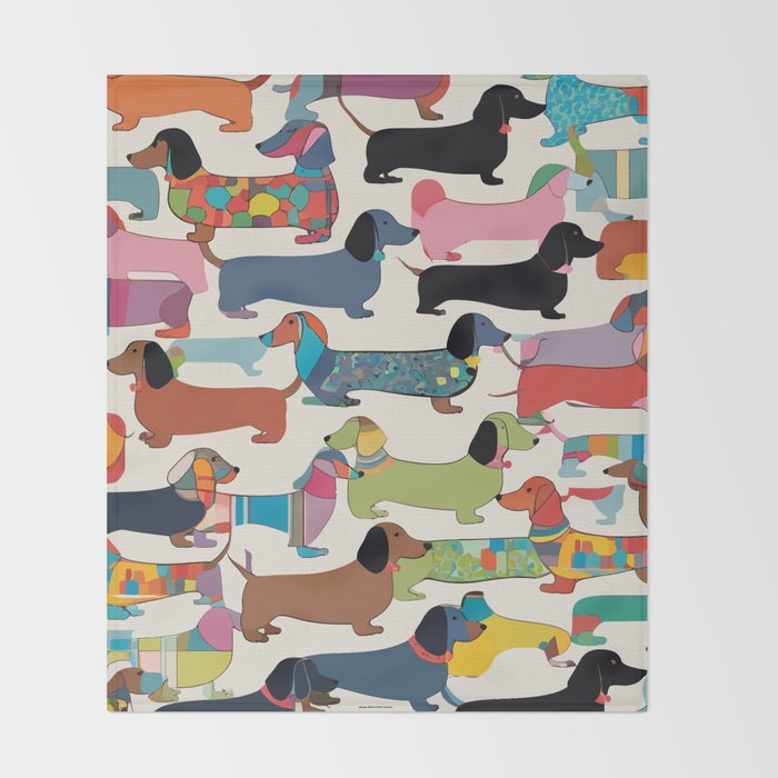 Dachshunds, Dog Pet Animals Eclectic, Contemporary Bohemian Illustration Toy Dogs Pastel Boho Modern Abstract Throw Blanket Gallery Image 2