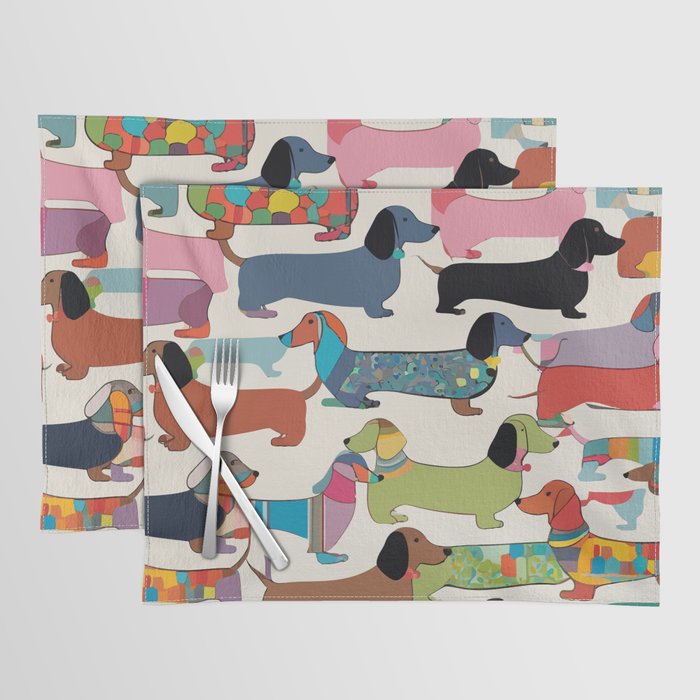 Dachshunds, Dog Pet Animals Eclectic, Contemporary Bohemian Illustration Toy Dogs Pastel Boho Modern Abstract Placemat