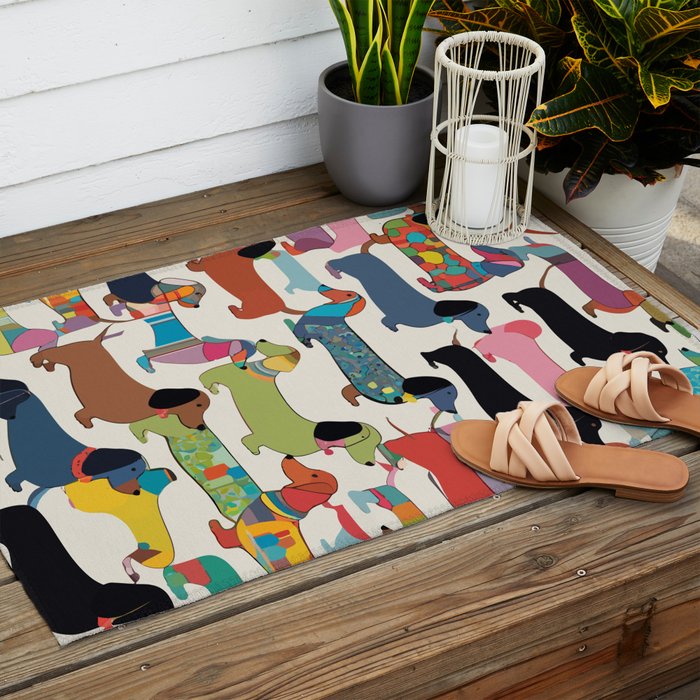 Dachshunds, Dog Pet Animals Eclectic, Contemporary Bohemian Illustration Toy Dogs Pastel Boho Modern Abstract Outdoor Rug Gallery Image 2