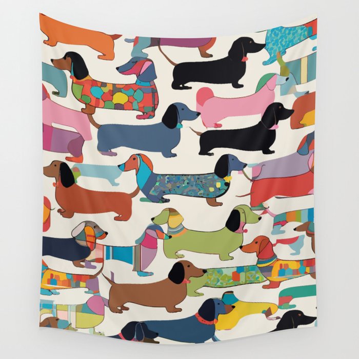 Dachshunds, Dog Pet Animals Eclectic, Contemporary Bohemian Illustration Toy Dogs Pastel Boho Modern Abstract Wall Tapestry Gallery Image 1