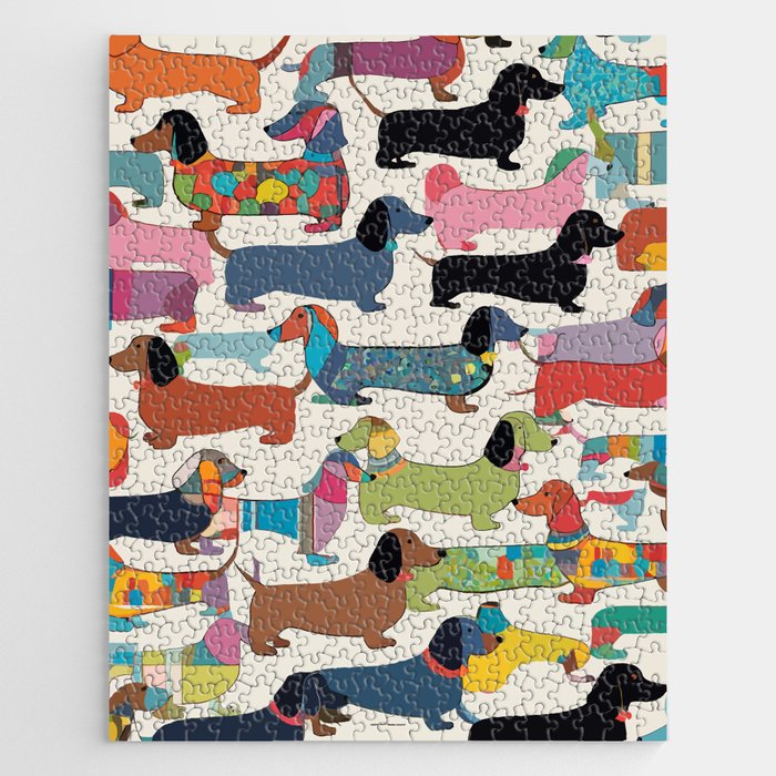 Dachshunds, Dog Pet Animals Eclectic, Contemporary Bohemian Illustration Toy Dogs Pastel Boho Modern Abstract Jigsaw Puzzle