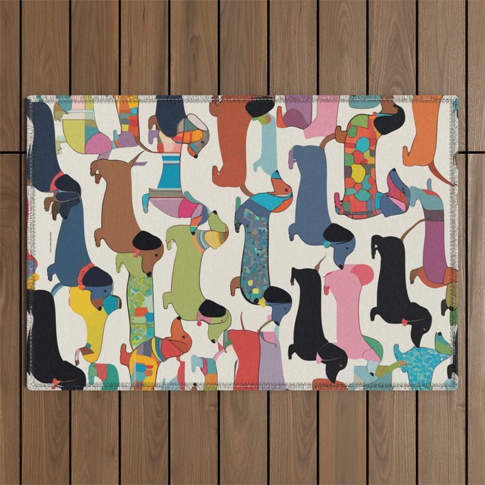 Dachshunds, Dog Pet Animals Eclectic, Contemporary Bohemian Illustration Toy Dogs Pastel Boho Modern Abstract Outdoor Rug Gallery Image 1