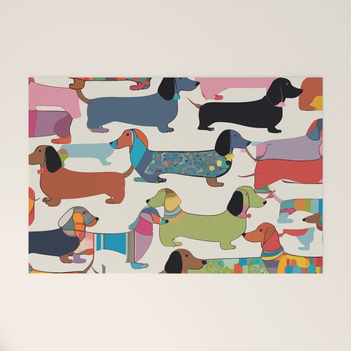 Dachshunds, Dog Pet Animals Eclectic, Contemporary Bohemian Illustration Toy Dogs Pastel Boho Modern Abstract Welcome Mat Gallery Image 1