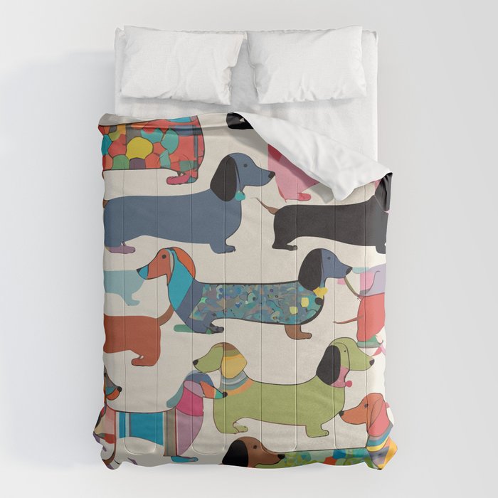 Dachshunds, Dog Pet Animals Eclectic, Contemporary Bohemian Illustration Toy Dogs Pastel Boho Modern Abstract Comforter Gallery Image 1