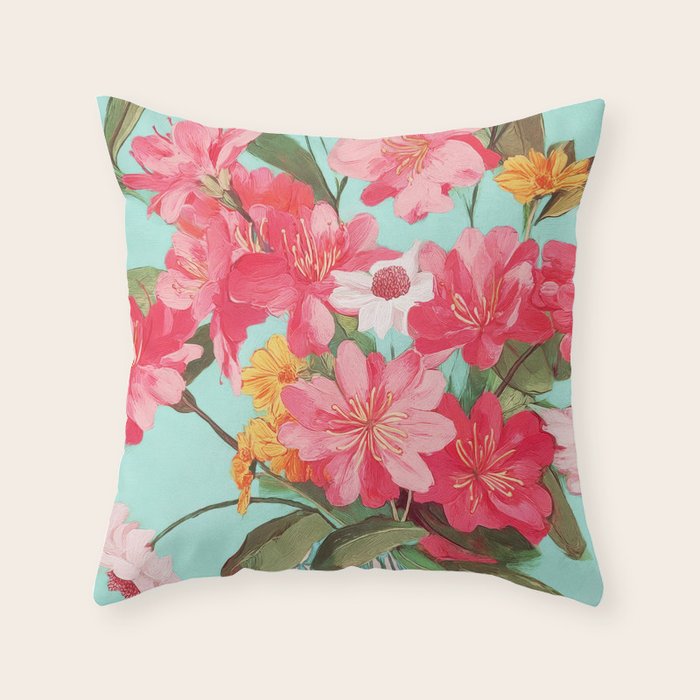 Azalea and Wildflower Bouquet on Teal Throw Pillow Gallery Image 1
