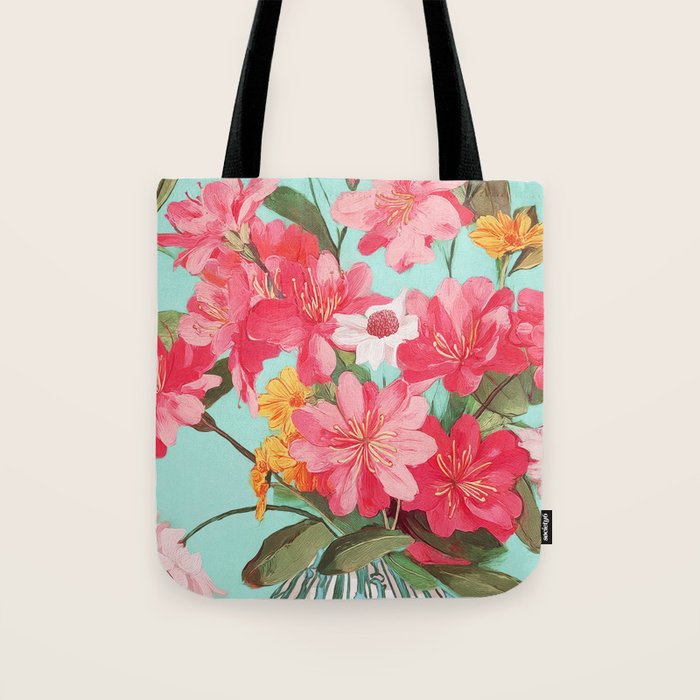 Azalea and Wildflower Bouquet on Teal Tote Bag Gallery Image 1