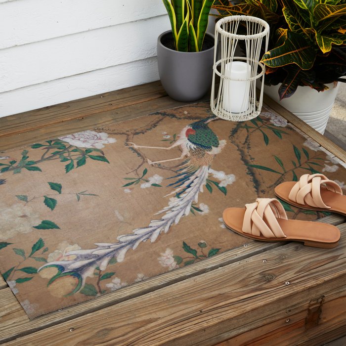 Antique French Chinoiserie in Tan & White Outdoor Rug Gallery Image 2