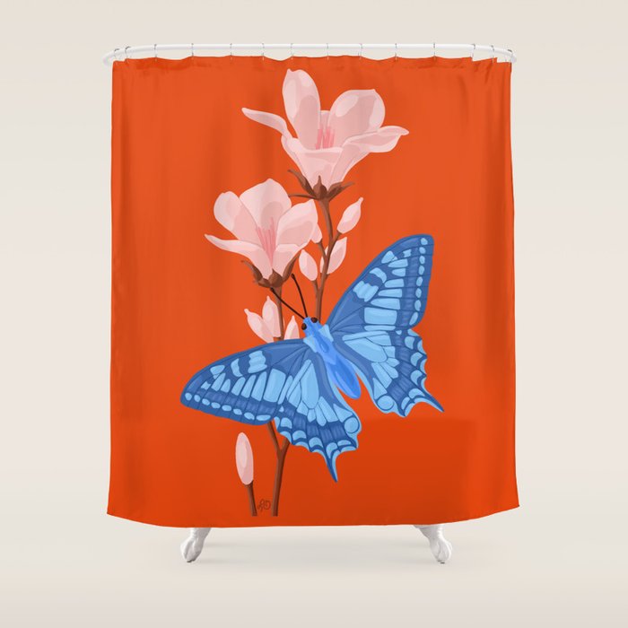 Blue Butterfly and Blooms on a Red Canvas Shower Curtain Gallery Image 1