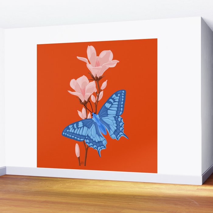 Blue Butterfly and Blooms on a Red Canvas Wall Mural Gallery Image 2
