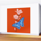 Blue Butterfly and Blooms on a Red Canvas Wall Mural Gallery Image 2