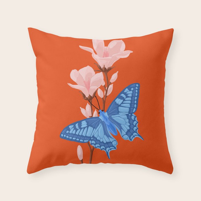 Blue Butterfly and Blooms on a Red Canvas Throw Pillow Gallery Image 6