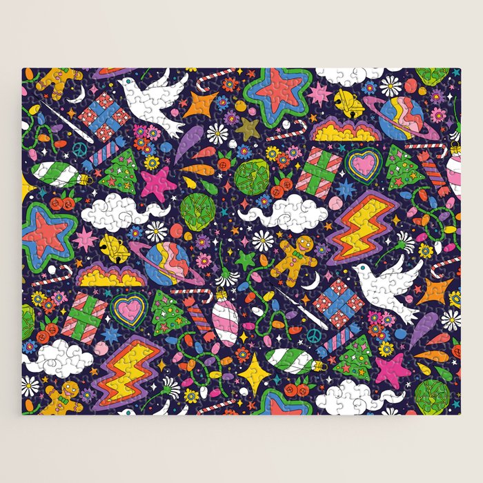 60s 70s psychedelic Modern Christmas Confetti Pattern Jigsaw Puzzle Gallery Image 1