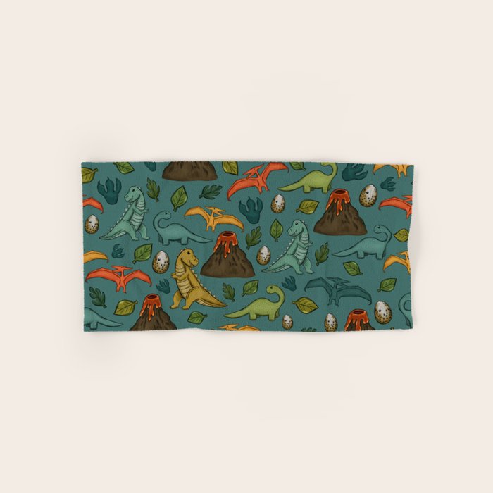 Dinosaurs, Jurassic Art, Volcanos and T-Rex, Dino Print, Dark Blue Bath Towel Gallery Image 1
