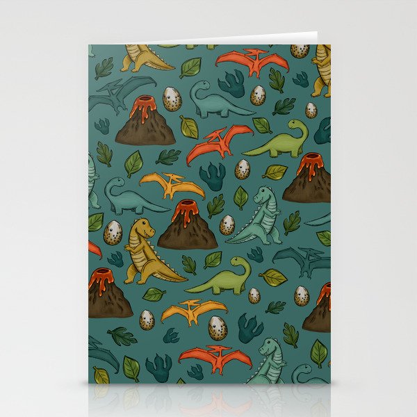 Dinosaurs, Jurassic Art, Volcanos and T-Rex, Dino Print, Dark Blue Stationery Card Gallery Image 1