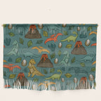 Dinosaurs, Jurassic Art, Volcanos and T-Rex, Dino Print, Dark Blue Wall Hanging Gallery Image 1