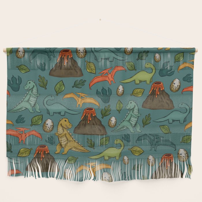 Dinosaurs, Jurassic Art, Volcanos and T-Rex, Dino Print, Dark Blue Wall Hanging Gallery Image 1