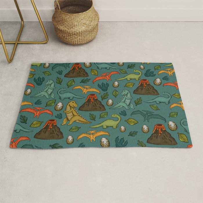 Dinosaurs, Jurassic Art, Volcanos and T-Rex, Dino Print, Dark Blue Rug Gallery Image 1