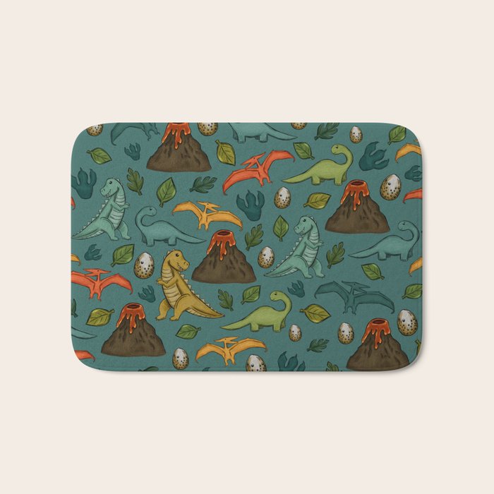 Dinosaurs, Jurassic Art, Volcanos and T-Rex, Dino Print, Dark Blue Bath Mat Gallery Image 1