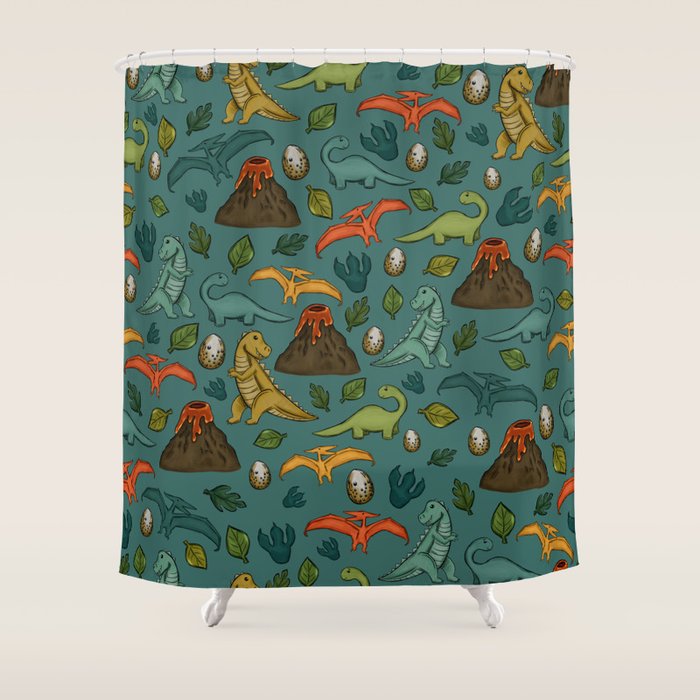 Dinosaurs, Jurassic Art, Volcanos and T-Rex, Dino Print, Dark Blue Shower Curtain Gallery Image 1