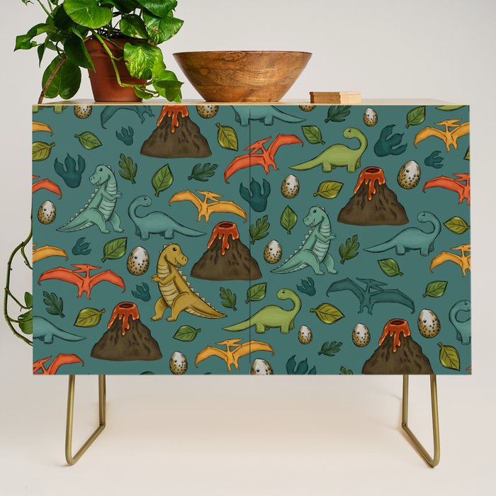 Dinosaurs, Jurassic Art, Volcanos and T-Rex, Dino Print, Dark Blue Credenza Gallery Image 1