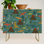 Dinosaurs, Jurassic Art, Volcanos and T-Rex, Dino Print, Dark Blue Credenza Gallery Image 1