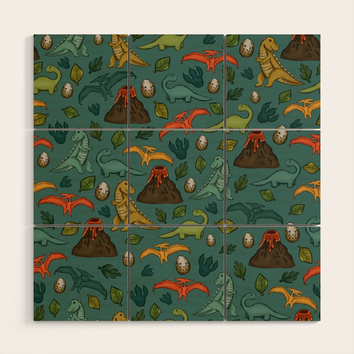 Dinosaurs, Jurassic Art, Volcanos and T-Rex, Dino Print, Dark Blue Wood Wall Art Gallery Image 1