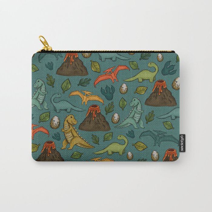 Dinosaurs, Jurassic Art, Volcanos and T-Rex, Dino Print, Dark Blue Carry All Pouch Gallery Image 1