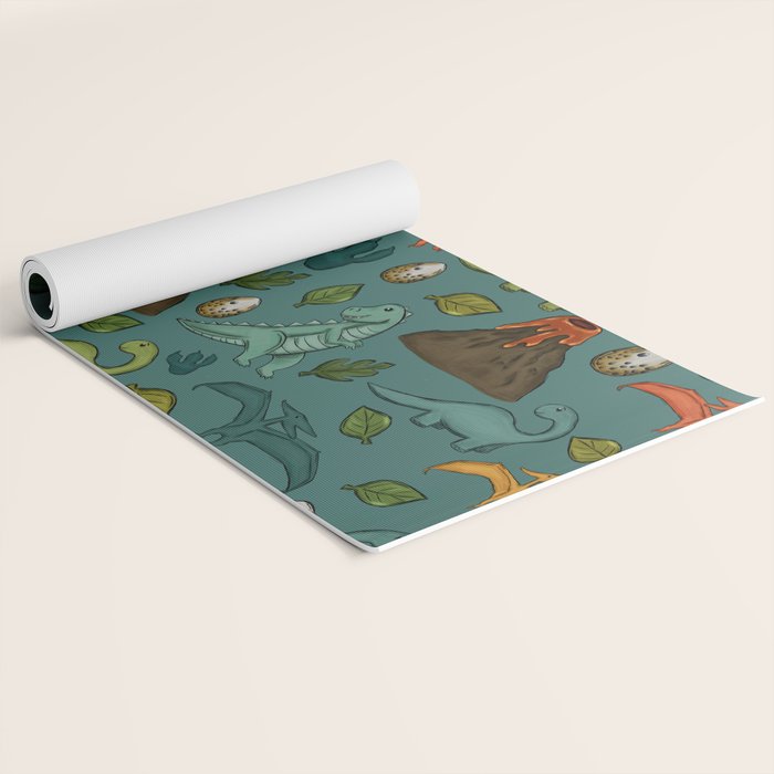 Dinosaurs, Jurassic Art, Volcanos and T-Rex, Dino Print, Dark Blue Yoga Mat Gallery Image 2