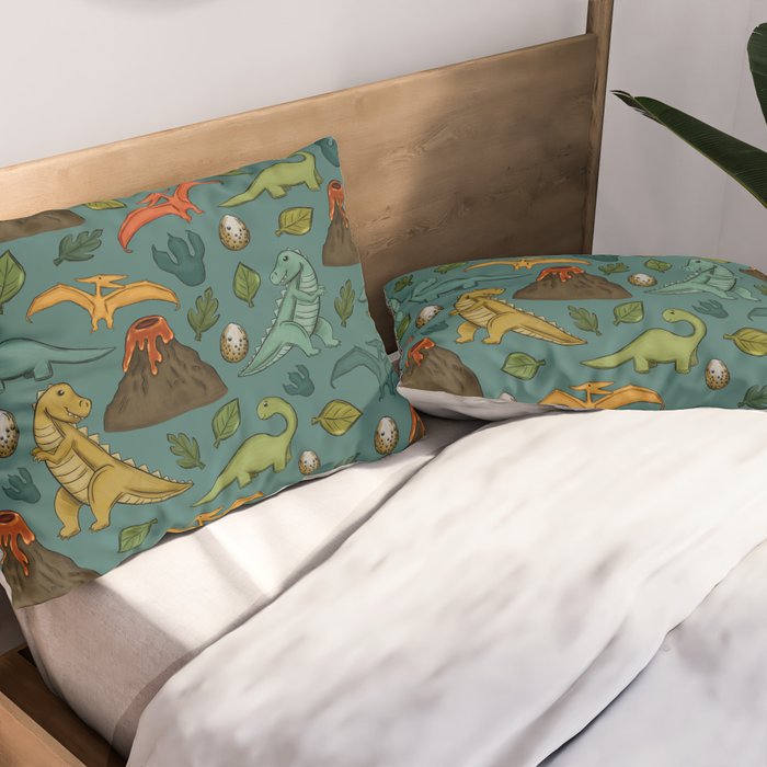 Dinosaurs, Jurassic Art, Volcanos and T-Rex, Dino Print, Dark Blue Pillow Sham Gallery Image 2