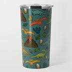 Dinosaurs, Jurassic Art, Volcanos and T-Rex, Dino Print, Dark Blue Travel Mug Gallery Image 1