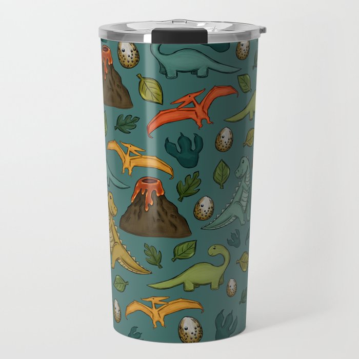 Dinosaurs, Jurassic Art, Volcanos and T-Rex, Dino Print, Dark Blue Travel Mug Gallery Image 1