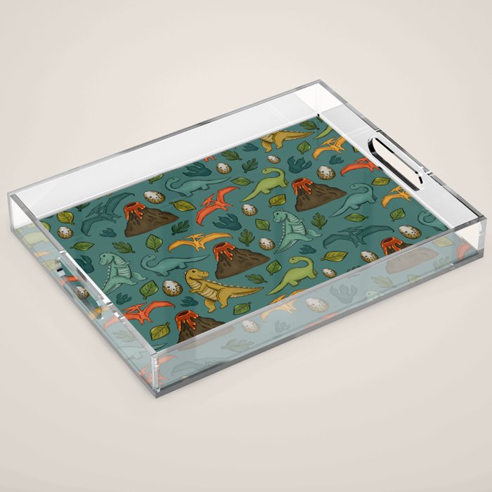 Dinosaurs, Jurassic Art, Volcanos and T-Rex, Dino Print, Dark Blue Acrylic Tray Gallery Image 1