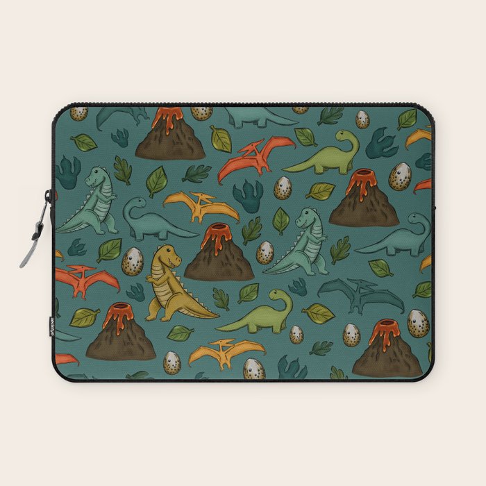 Dinosaurs, Jurassic Art, Volcanos and T-Rex, Dino Print, Dark Blue Laptop Sleeve Gallery Image 1