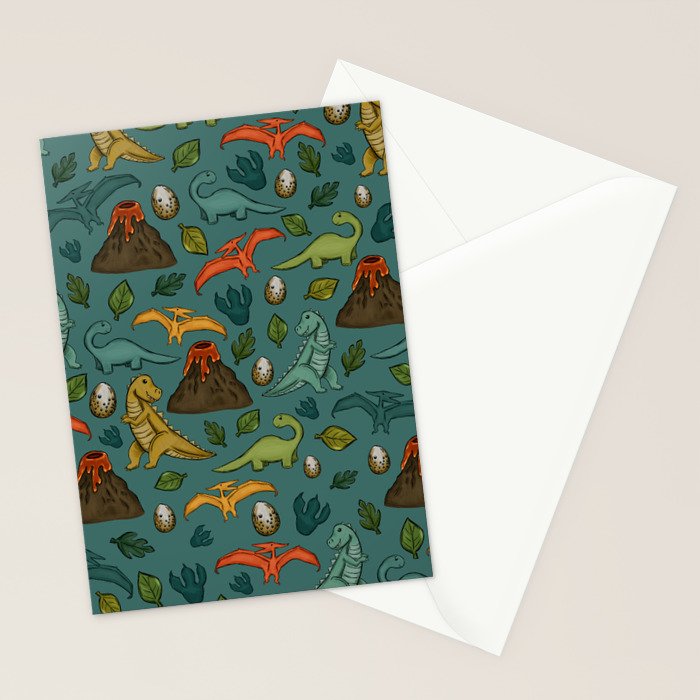 Dinosaurs, Jurassic Art, Volcanos and T-Rex, Dino Print, Dark Blue Stationery Card Gallery Image 2